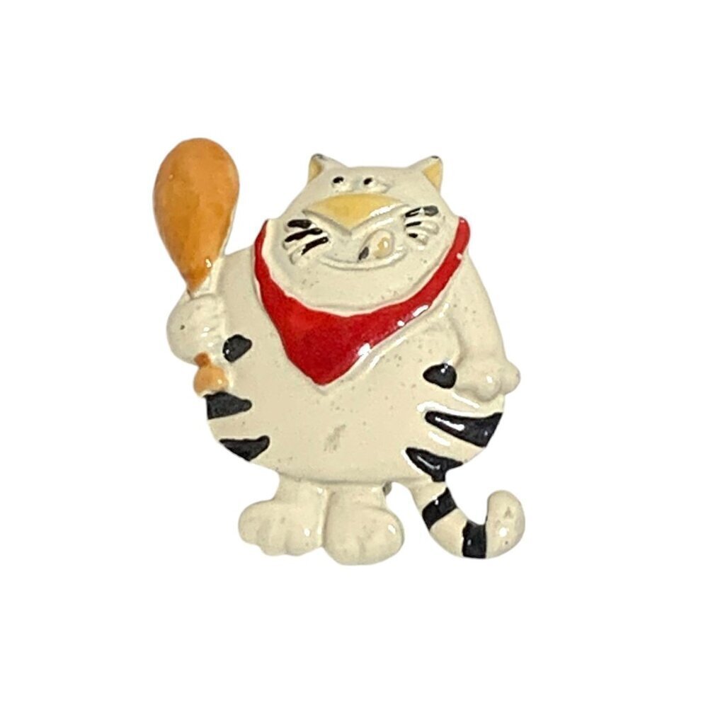Vintage Whimsical Cat With Turkey Leg Brooch